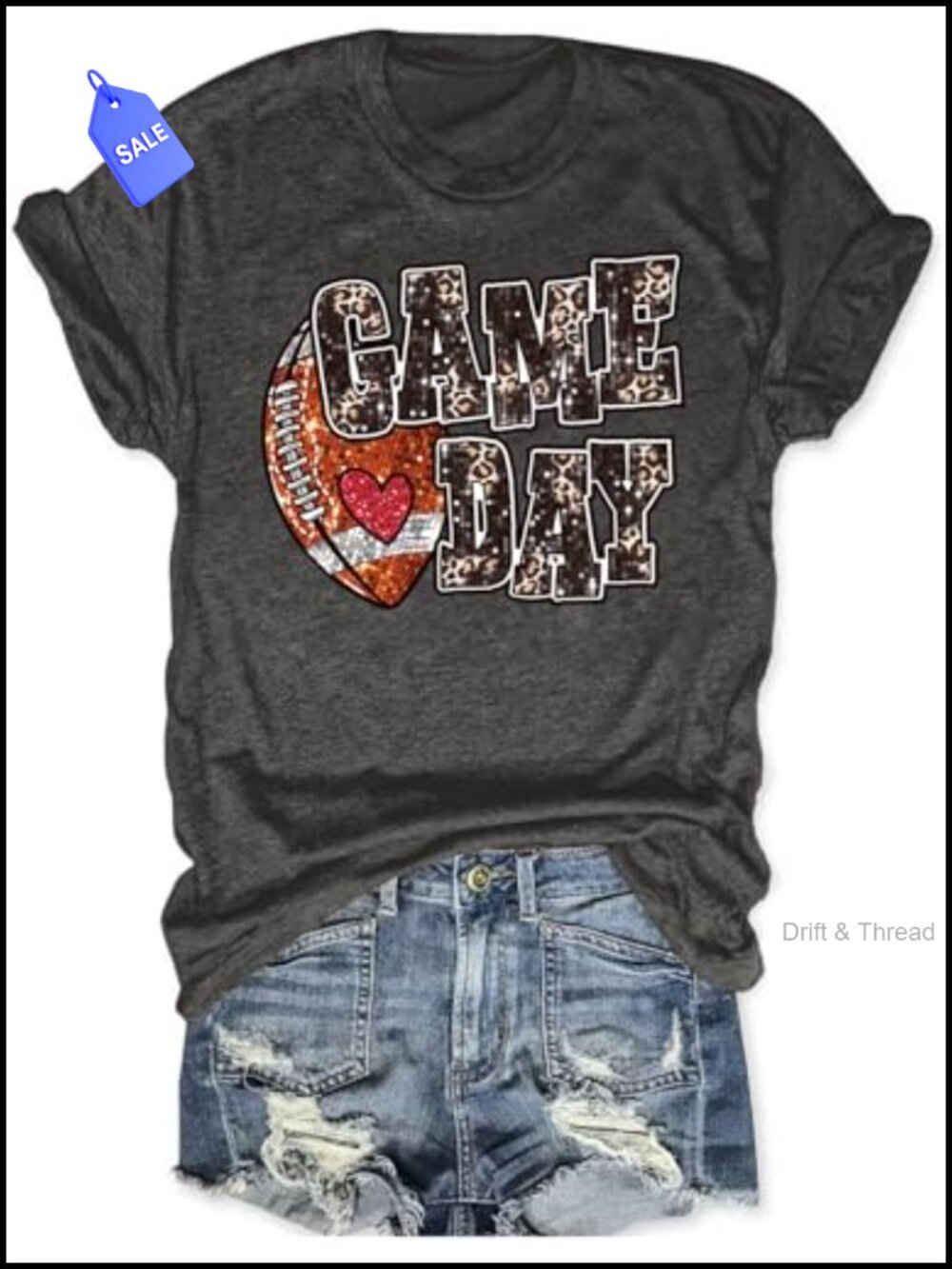 Women's Football Heart Graphic T-Shirt Game Day Short Sleeve Crew Neck Tee